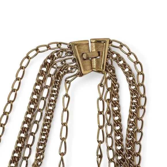 Crown Trifari Multi Strand Chain Statement Necklace Gold Tone 5 Chains Vintage - Picture 6 of 10